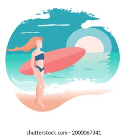 Active summer vacation concept. Sport. Girl with a surfboard. Sunset. Ocean. Summer. Vector in flat style. Suitable for specialized illustrations.