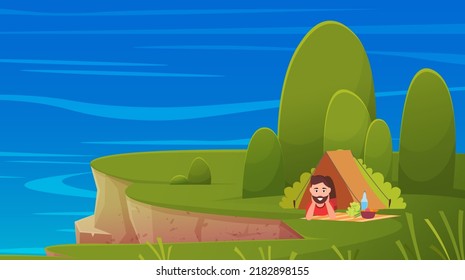 Active Summer Vacation, Traveling Concept. Man Resting On Weekends Or Holidays Near Seashore. Happy Tourist Lying In Tent On Edge Of Cliff. Camping In Forest, Adventure Tourism, Backpacking