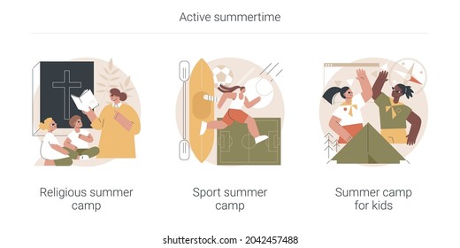 Active Summertime Abstract Concept Vector Illustration Set. Religious Summer Camp, Sport Summer Camp, Online Virtual Program, Meet New Friends, Scout Camping, Socializing Abstract Metaphor.