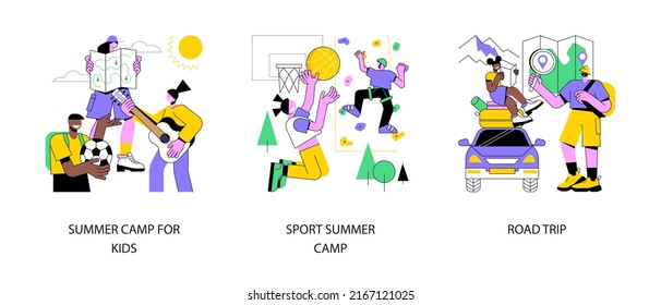 Active summertime abstract concept vector illustration set. Summer camp for kids, sport skills development, road trip, socializing, scout camping, traveling by car, rental service abstract metaphor.