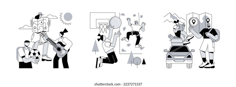 Active summertime abstract concept vector illustration set. Summer camp for kids, sport skills development, road trip, socializing, scout camping, traveling by car, rental service abstract metaphor.