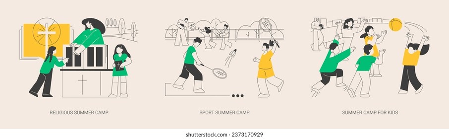 Active summertime abstract concept vector illustration set. Religious summer camp, sport summer camp, online virtual program, meet new friends, scout camping, socializing abstract metaphor.