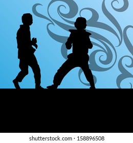 Active tae kwon do martial arts fighters combat fighting and kicking sport silhouettes illustration background vector