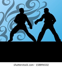 Active tae kwon do martial arts fighters combat fighting and kicking sport silhouettes illustration background vector