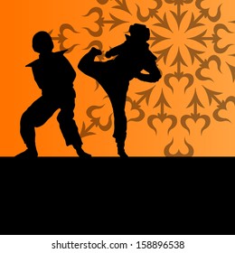 Active tae kwon do martial arts fighters combat fighting and kicking sport silhouettes illustration background vector