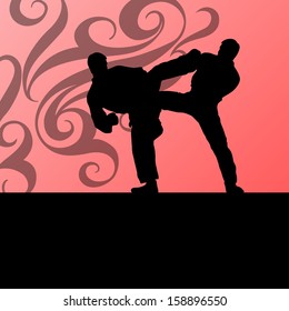 Active tae kwon do martial arts fighters combat fighting and kicking sport silhouettes illustration background vector