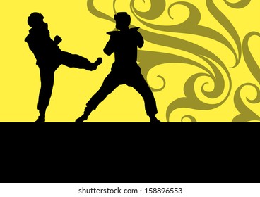 Active tae kwon do martial arts fighters combat fighting and kicking sport silhouettes illustration background vector