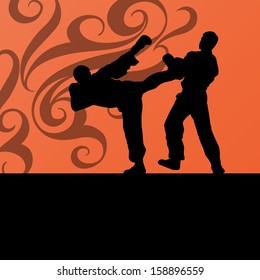 Active tae kwon do martial arts fighters combat fighting and kicking sport silhouettes illustration background vector