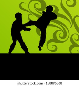 Active tae kwon do martial arts fighters combat fighting and kicking sport silhouettes illustration background vector