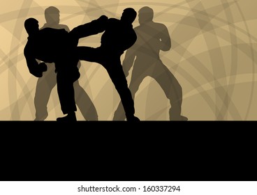 Active tae kwon do martial arts fighters combat fighting and kicking sport silhouettes illustration background vector