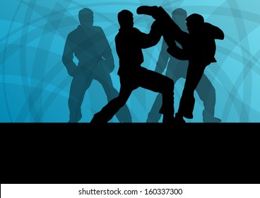 Active tae kwon do martial arts fighters combat fighting and kicking sport silhouettes illustration background vector