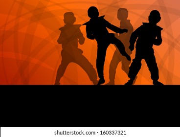 Active tae kwon do martial arts fighters combat fighting and kicking sport silhouettes illustration background vector