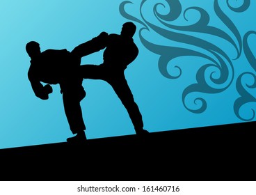 Active tae kwon do martial arts fighters combat fighting and kicking sport silhouettes illustration background vector