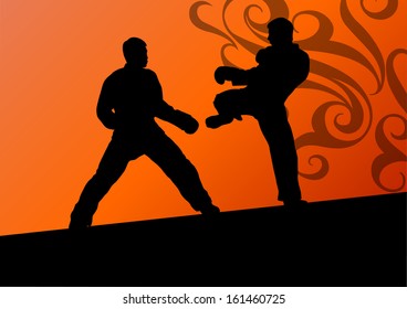 Active tae kwon do martial arts fighters combat fighting and kicking sport silhouettes illustration background vector