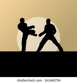 Active tae kwon do martial arts fighters combat fighting and kicking sport silhouettes in abstract sunset illustration background vector