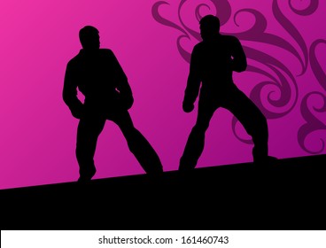 Active tae kwon do martial arts fighters combat fighting and kicking sport silhouettes illustration background vector