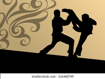 Active tae kwon do martial arts fighters combat fighting and kicking sport silhouettes illustration background vector