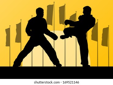 Active taekwondo martial arts fighters combat fighting and kicking sport silhouettes illustration background vector