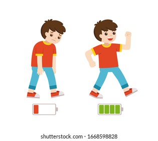 Active and tired boys flat cartoon colorful vector illustration. Happy and unhappy boy. Energetic and tired or exhausted boy and life energy.