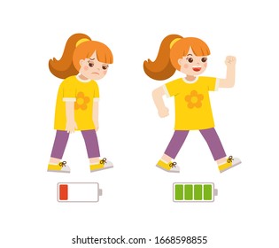 Active and tired girl flat cartoon colorful vector illustration. Happy and unhappy girl. Energetic and tired or exhausted girl and life energy.