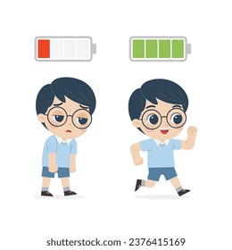 Active and tired kid. Happy and unhappy kid. Energetic and tired or exhausted boy and life energy.