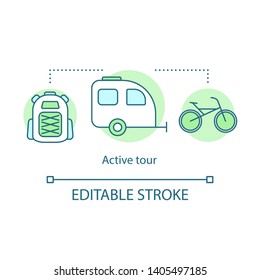 Active tour concept icon. Travel style idea thin line illustration. Extreme tourism. Ski resort. Forest hiking and cycling. Camping trailer. Vector isolated outline drawing. Editable stroke