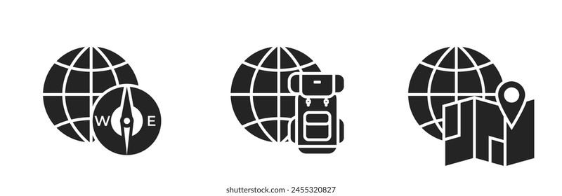 active tourism flat icons. backpack, compass, map and world. travel and vacation symbols. isolated vector images for tourism design