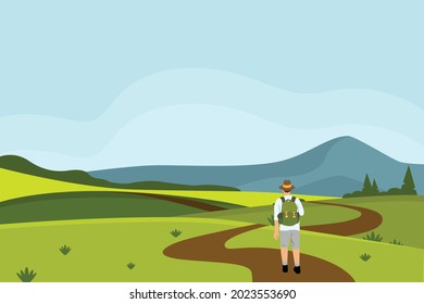 Active tourist man walking on path admiring mountain landscape. Travel cartoon male contemplating natural scenery. Concept of journey and new discoveries. Vector illustration