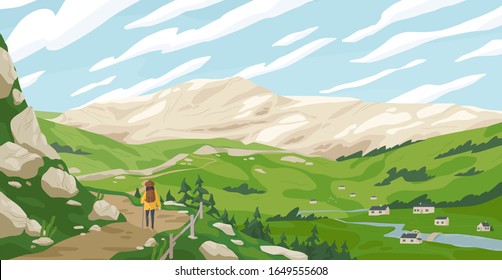 Active tourist woman walking on path admiring mountain landscape vector graphic illustration. Travel cartoon female contemplating natural scenery. Concept of journey and new discoveries