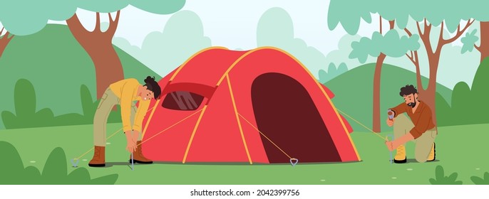 Active Tourists Characters Camping. Young Man and Woman Hammer Sticks to Ground Set Up Tent for Spending Time at Summer Camp in Forest. Summertime Vacation, Hiking. Cartoon People Vector Illustration