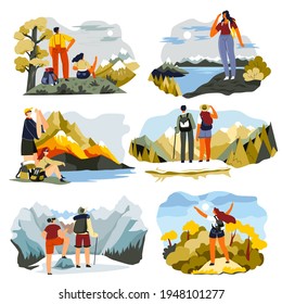 Active tourists hiking and trekking in mountains. People exploring nature and standing on summit of mountain. Landscapes and lake scene, team of travelers with backpacks. Vector in flat style