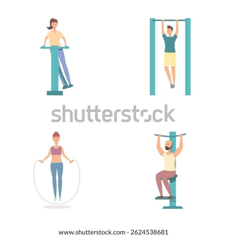 Active training icons set cartoon vector. People workout at outdoor sport area. Healthy lifestyle