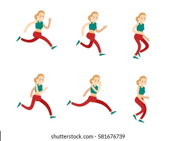 Active training woman set running with different speed in various positions in flat style isolated vector illustration