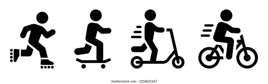 Active transportation icon set. Containing roller skates, skateboard, bicycle and scooter electric icon isolated on white background.