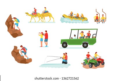 Active travel cartoon vector illustrations set. People hiking with backpacks flat clipart. Extreme sport, adventure isolated design element collection. Quad bike ride. Jeep safari. Tourist with camera