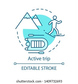 Active trip concept icon. Travel style idea thin line illustration. Extreme tourism. Hiking, boating, skiing. Ski resort. Vector isolated outline drawing. Editable stroke