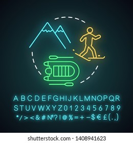 Active trip neon light concept icon. Travel style idea. Extreme tourism. Ski resort. Hiking, boating, skiing. Glowing sign with alphabet, numbers and symbols. Vector isolated illustration