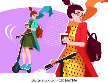 Active urban girl with a mug of coffee drives a scooter. Character with two color options for stylish look. Business lifestyle concept. Colorfull flat style vector illustration isolated on  background