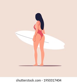 Active vacation. Attractive young woman in red swimsuit is walking with white surfboard in hands. Vector illustration.