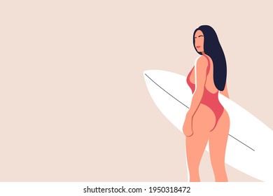 Active vacation. Attractive young woman in red swimsuit is walking with white surfboard in hands. Vector illustration.