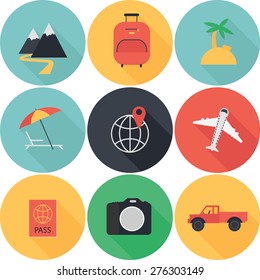 Active vacation icons set flat design with long shadows