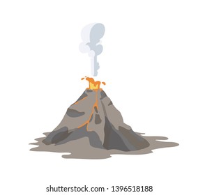 Active volcano erupting and emitting smoke, ash cloud and lava isolated on white background. Spectacular volcanic eruption and seismic activity. Colorful vector illustration in flat cartoon style.