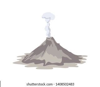 Active volcano erupting and emitting smoke cloud from crater isolated on white background. Spectacular volcanic eruption. Natural disaster or hazard. Colored vector illustration in flat cartoon style.