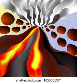 Active volcano, erupting lava and flying rocks, explosion, smoke coming from the hills