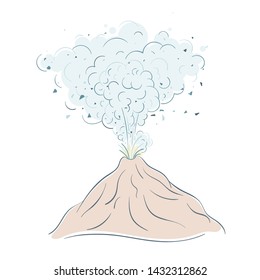 Active volcano erupting lava fountain from crater with many clouds of smoke. Volcanic eruption, seismic activity, natural disaster or catastrophe. Line art style vector illustration.