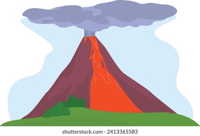 Active volcano erupting lava with smoke and ash cloud. Natural disaster and geological activity concept. Erupting volcano landscape vector illustration.