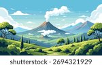 Active volcano erupting smoke and ash in a lush green hilly landscape with mountains in the background.