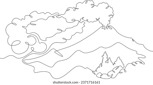 Active volcano. Eruption. Mountain landscape. Mountain Lake. Beautiful landscape. Wild nature. Wonderful lakes. High mountains. One continuous line. Linear. Hand drawn, white background.