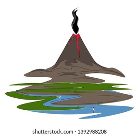 Volcán activo que emite humo y lava fundida dibujo o ilustración de color vectorial