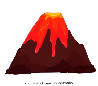 active volcano. Red lava flows through the mouth of the mountain. Vector stock illustration. Isolated on a white background.